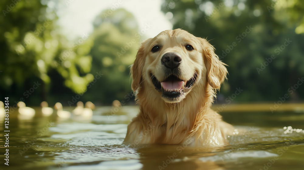 Golden retriever swimming in nature's lake outdoor adventure scene Golden retriever swimming in nature's lake outdoor adventure scene