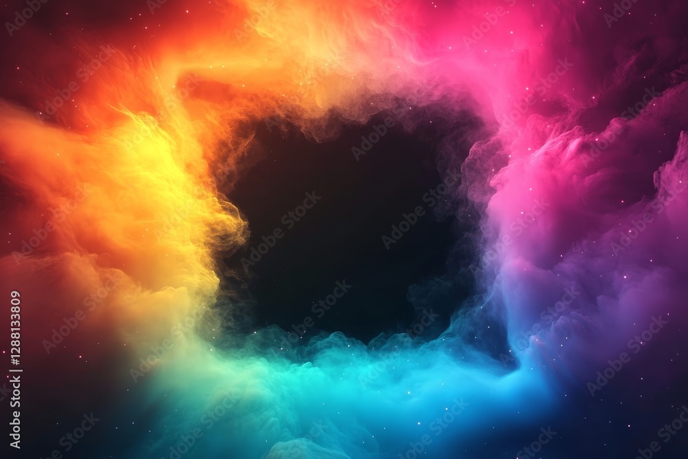 Fototapeta premium Glowing neon starlight and particles arranged in a square shape create an abstract scene, symbolizing a concept of fantastic sparkle dust with a hole frame set amidst the nebula space, all made