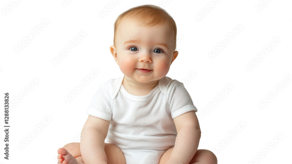 Smiling baby with light hair seated on a white background during a bright indoor setting Smiling baby with light hair seated on a white background during a bright indoor setting