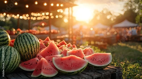 Fototapeta Glowing Outdoor Watermelon Stand at Vibrant Summer Festival