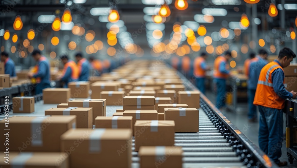 Obraz premium Busy distribution center with employees sorting packages during the day