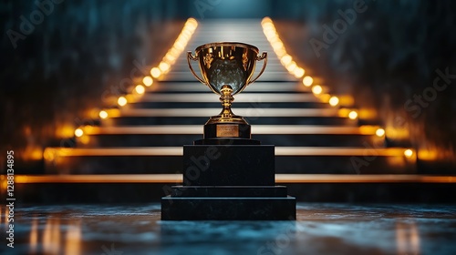 Golden trophy on a black podium with golden stairs in a dark room. Minimalist award concept design, mockup banner template. 