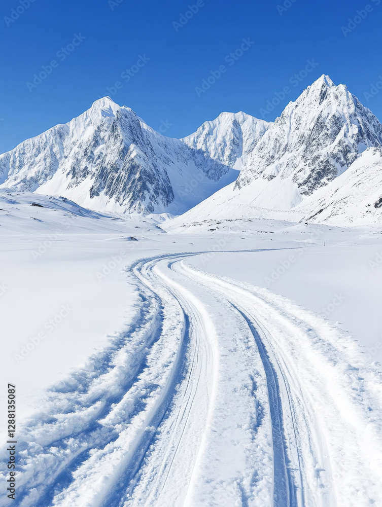 Obraz premium Serene winter landscape with snow-covered mountains and a winding trail. Perfect for winter sports and adventures!