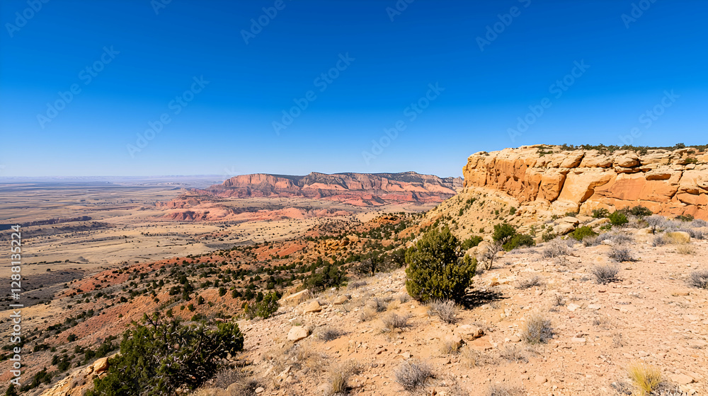 Panoramic View of a Vast Desert Canyon Under a Clear Blue Sky Panoramic View of a Vast Desert Canyon Under a Clear Blue Sky