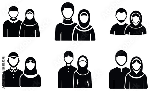 Simple Black and White Icons of Muslim Couples