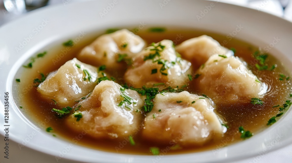 Delicious Dumplings in Savory Broth with Fresh Herbs Garnish Delicious Dumplings in Savory Broth with Fresh Herbs Garnish