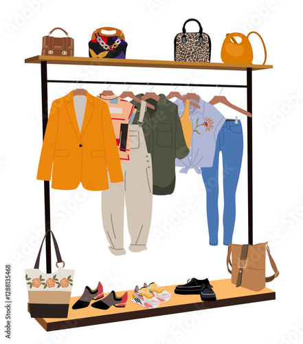 Summer female clothes hanging in home wardrobe or fashion store. Modern women garments, shoes and accessories on rack and shelf. Colored flat vector illustration isolated