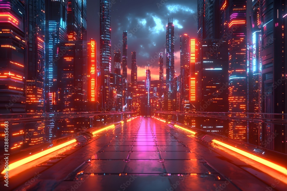 Futuristic Neon Lit City Landscape with Advanced Technology Network Futuristic Neon Lit City Landscape with Advanced Technology Network