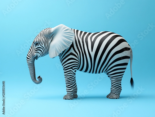 Unique elephant with zebra stripes on blue background