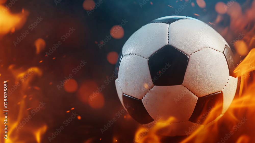 Naklejka premium Exciting soccer ball in flames sports arena dynamic action scene