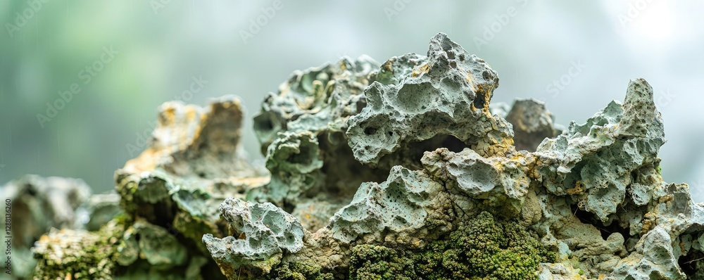 Obraz premium Weathering process idea. Close-up of textured moss-covered rocks in a serene forest environment.