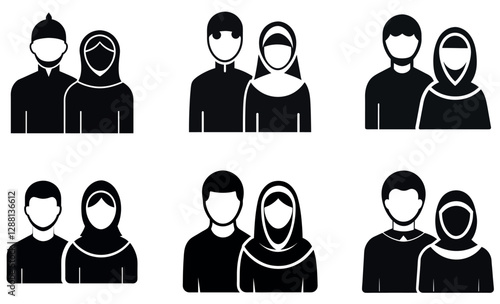 Simple Black and White Icons of Muslim Couples