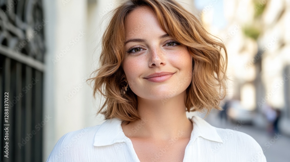 In the image, there's a young adult woman standing on a street corner. In the image, there's a young adult woman standing on a street corner.
