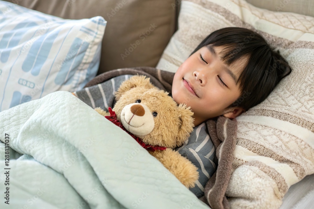 A peaceful child sleeping soundly with a teddy bear, radiating warmth and comfort in a cozy setting. A peaceful child sleeping soundly with a teddy bear, radiating warmth and comfort in a cozy setting.