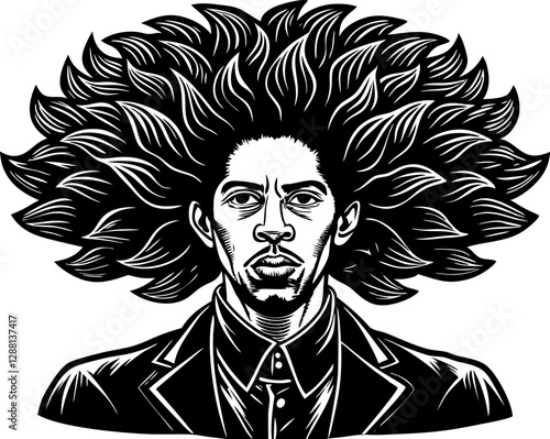 Man with an exaggerated voluminous afro hairstyle, blending artistic surrealism with a bold vintage aesthetic sketch engraving vector