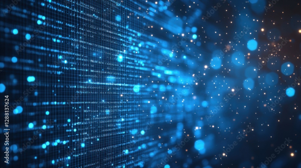 Blue digital matrix with lights. Data stream abstract. Technology design. Computer screen displays information. Binary code background flowing. Blue digital matrix with lights. Data stream abstract. Technology design. Computer screen displays information. Binary code background flowing.