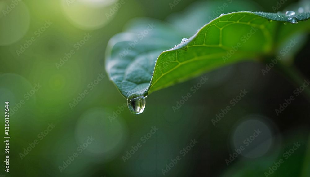 A single raindrop falling from a green leaf, representing the simplicity and importance of water in maintaining life. A single raindrop falling from a green leaf, representing the simplicity and importance of water in maintaining life.
