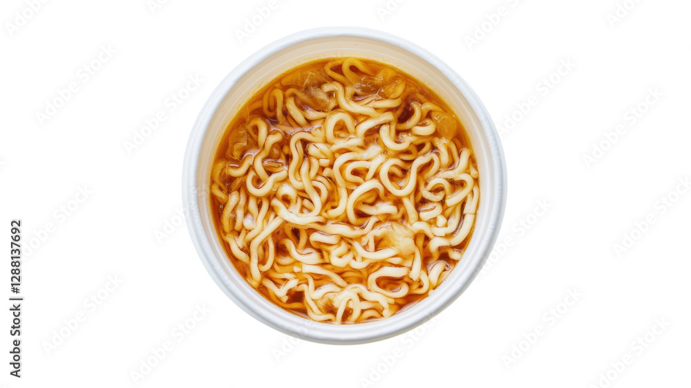 Delicious bowl of instant noodles with a rich broth on a white background perfect for quick meals Delicious bowl of instant noodles with a rich broth on a white background perfect for quick meals