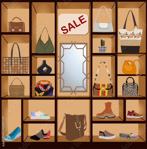 Fashion bags and shoes retail store display stand in shopping mall area. Seasonal sale, discount, Black Friday in Modern boutique. Vector colorful cartoon realistic illustration.
