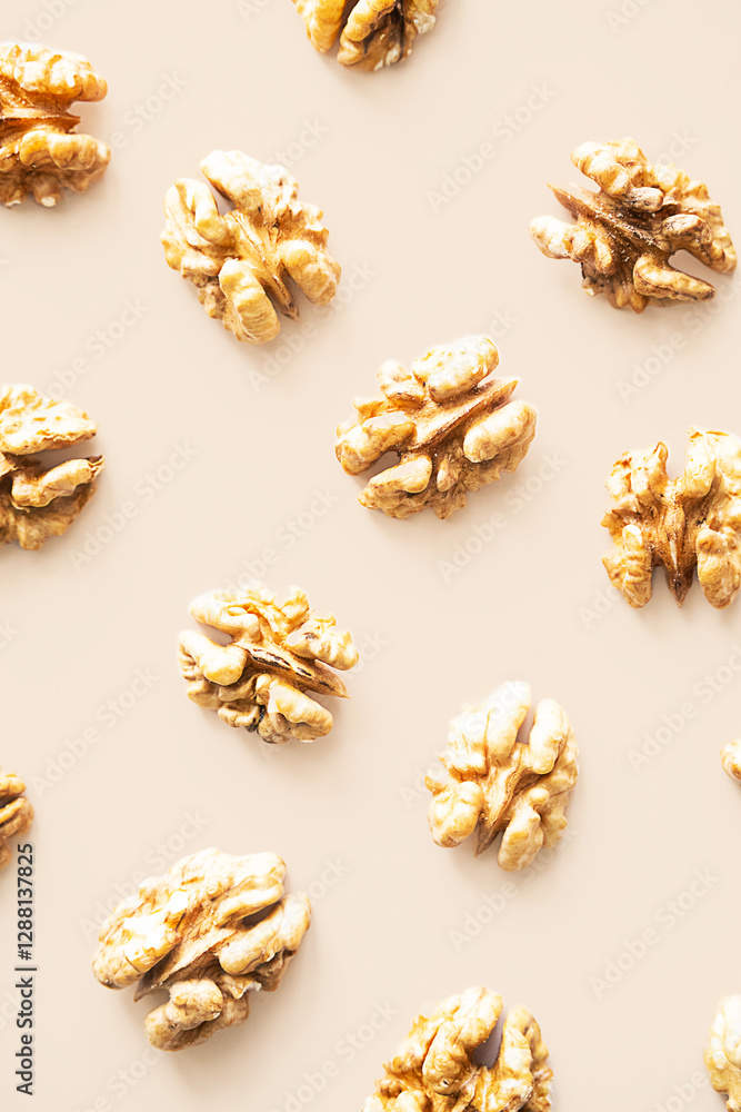 Walnut Kernels Flat Lay on Beige. Walnut Kernels Flat Lay on Beige.
