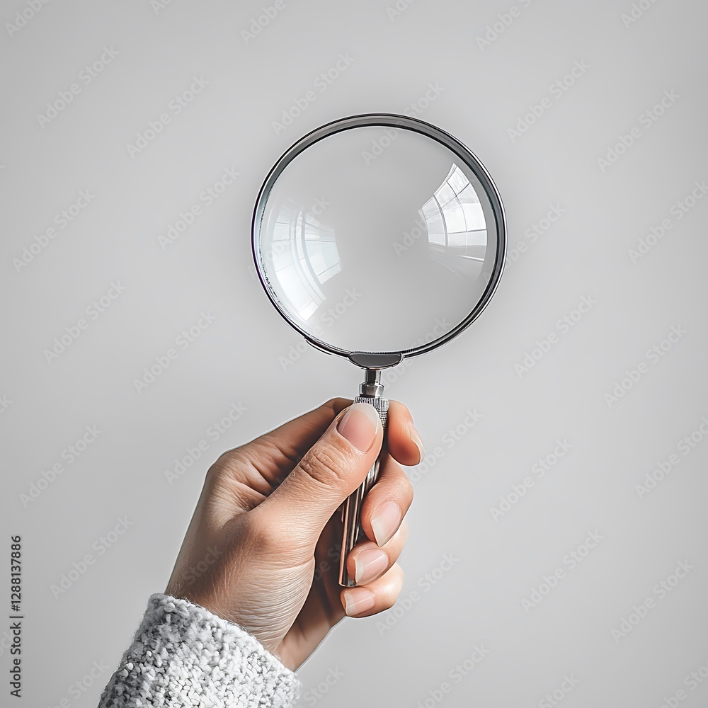 Hand holding a magnifying glass, isolated on a white background Hand holding a magnifying glass, isolated on a white background