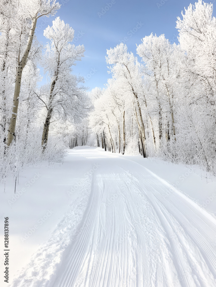 Fototapeta premium Winter wonderland: A snow-covered path winds through a pristine forest, the trees adorned in a thick layer of frost.