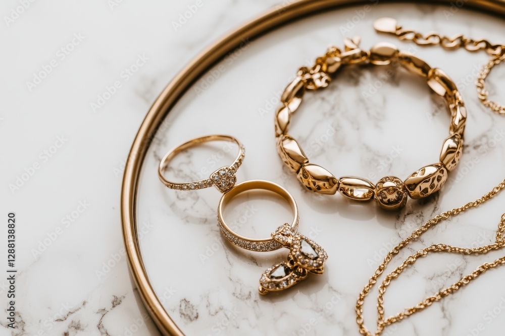Golden bijouterie is stylishly displayed on a white marble table from a top view, leaving room for additional text Golden bijouterie is stylishly displayed on a white marble table from a top view, leaving room for additional text