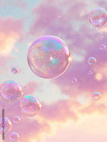 Pastel pink bubbles background of  whimsical and dreamy depiction of floating soap bubbles against a pastel colored sky