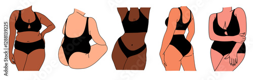 Set of curvy woman bodies different skin color vector colored line art drawing. Plus size beautiful girls in bikini, underwear. Body positive abstract minimalist illustration