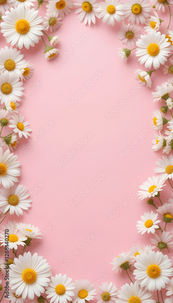 Soft Pink Background with White Chamomile Daisies – Blank Space for Text or Branding Soft Pink Background with White Chamomile Daisies – Blank Space for Text or Branding