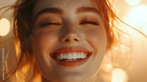 Close-up of a beautiful, smiling woman with red hair and freckles against a warm, golden light. Expression of joy and tranquility. photo