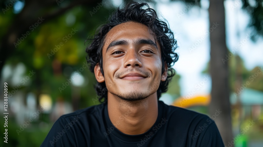 The image features a man seated in a park setting, smiling towards the camera. The image features a man seated in a park setting, smiling towards the camera.
