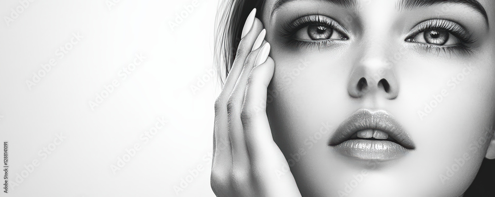 Fototapeta premium Artistic portrait of woman with radiant skin, captivating eyes, and delicate features, showcasing beauty and elegance in minimalist style