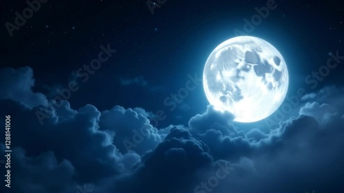 Full moon in the night sky with flying black clouds. Cloudy dark sky and moonlight in spooky feeling like thriller and horror films. Real video recording