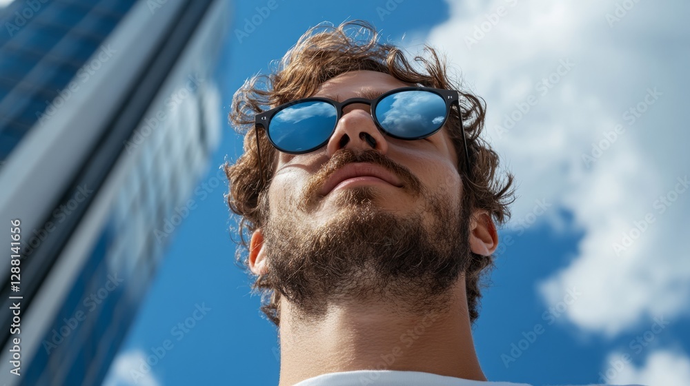 The image features a man wearing sunglasses, standing outdoors with blue skies above and skyscrapers behind him. The image features a man wearing sunglasses, standing outdoors with blue skies above and skyscrapers behind him.
