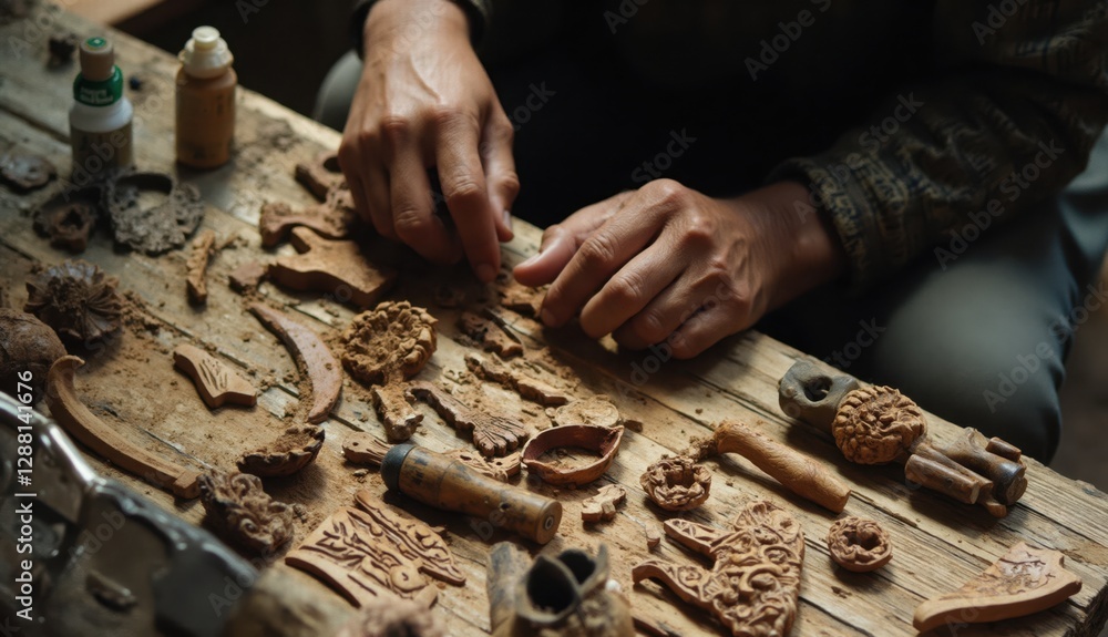 A skilled artisan carves intricate floral patterns into wooden blocks in a workshop, surrounded by handcrafted tools and wood shavings. A skilled artisan carves intricate floral patterns into wooden blocks in a workshop, surrounded by handcrafted tools and wood shavings.