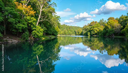 A serene river reflects the surrounding vibrant greenery, symbolizing the harmony of nature and the importance of freshwater resources.
