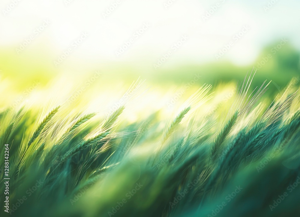 Wheat field with green wheat in the foreground, blurred background of grassy meadow, close-up of tall ears of grain, blurred blue sky, Wheat field with green wheat in the foreground, blurred background of grassy meadow, close-up of tall ears of grain, blurred blue sky,