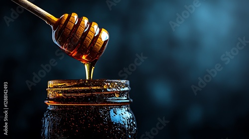 Honey dripping from dipper into jar, dark background photo