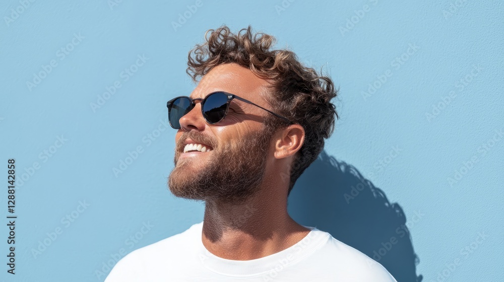 Man wearing sunglasses and a white t-shirt against a blue background. Man wearing sunglasses and a white t-shirt against a blue background.
