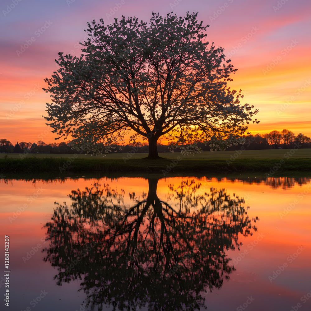 Fototapeta premium Summertime sunset over a bird cherry tree reflected in water