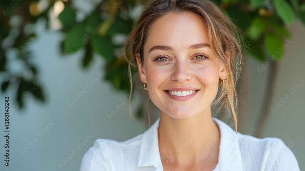 Woman standing outdoors, smiling towards camera. Woman standing outdoors, smiling towards camera.