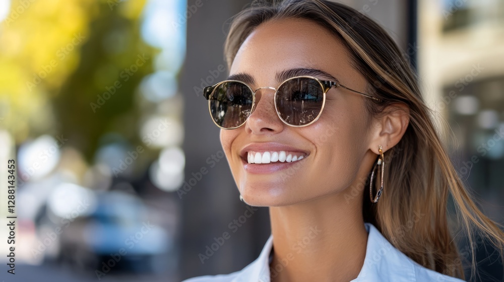 A happy individual in sunglasses smiling against a blurred background, possibly outdoors. A happy individual in sunglasses smiling against a blurred background, possibly outdoors.