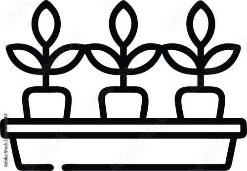 A flowerpot with flower plants. Macro of vegetable seedlings in a greenhouse community. Plants line art icon image outline vector line art sign silhouette illustration for web.