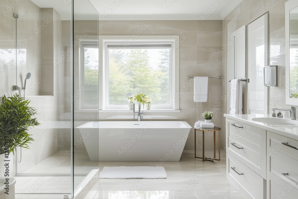 Spa-Like Oasis: This pristine bathroom showcases modern elegance with a freestanding tub, stylish fixtures, and natural light. A sanctuary of calm. Spa-Like Oasis: This pristine bathroom showcases modern elegance with a freestanding tub, stylish fixtures, and natural light. A sanctuary of calm.