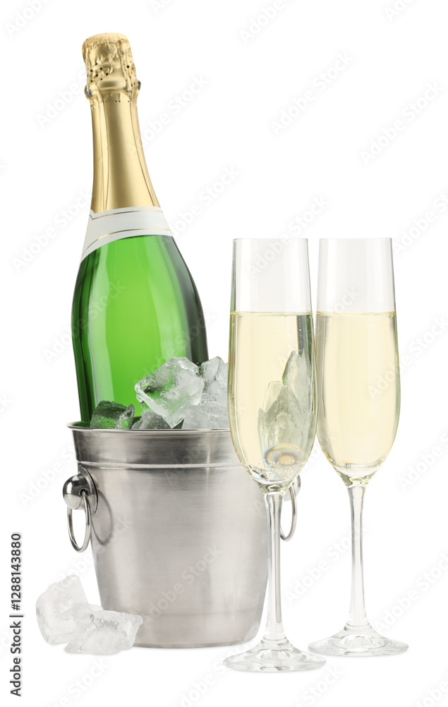 Champagne in glasses and ice bucket with bottle isolated on white Champagne in glasses and ice bucket with bottle isolated on white