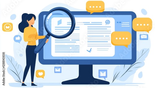 In a flat modern illustration on a white background, an internet user is shown searching for data and information online, using a magnifying glass to check and analyze search engine results,