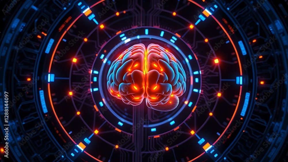 Fototapeta premium Futuristic Human Brain with Digital and Cybernetic Elements in Glowing Blue and Orange, Surrounded by Circuitry Patterns and High-Tech Interface