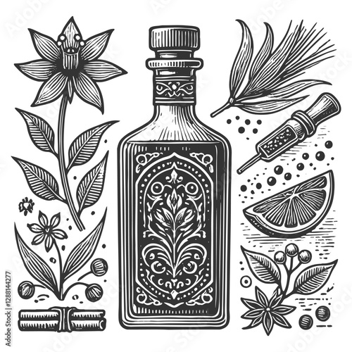 vintage apothecary bottle surrounded by herbs, flowers, citrus, and spices, evoking traditional herbal medicine sketch engraving generative ai vector illustration. Scratch board. Black and white image