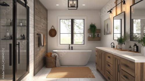 Wallpaper Mural Bathroom Oasis: A serene and stylish bathroom, showcasing a modern freestanding bathtub, complemented by light wood accents, framed mirrors, and fresh greenery. Torontodigital.ca